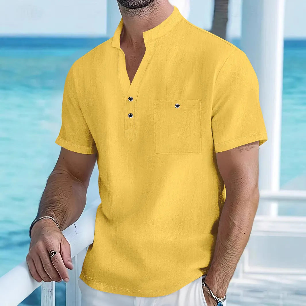 Men's light blue linen short-sleeve shirt with a stand collar and loose pullover fit