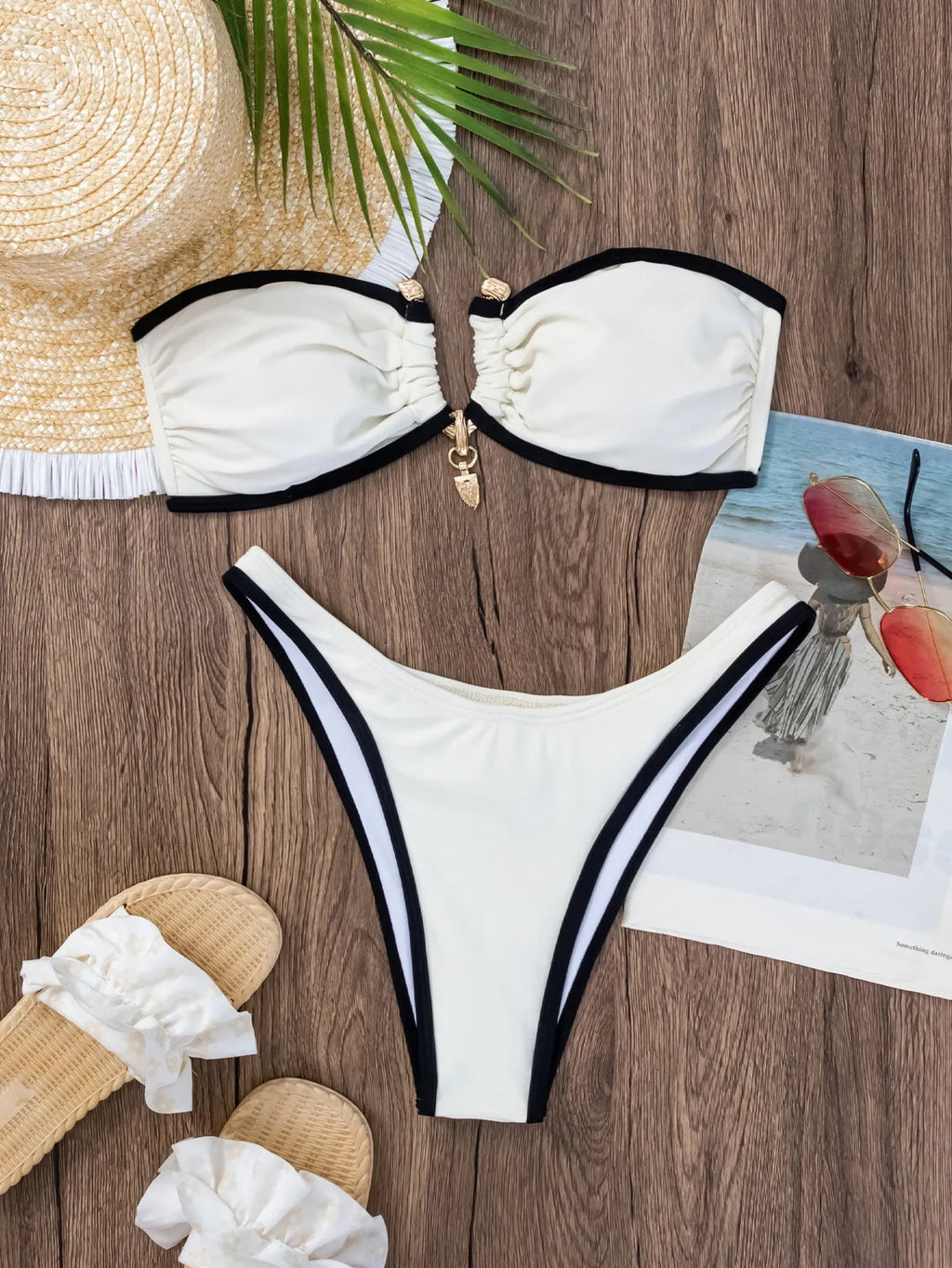 Women's colour contrast tube top bikini set in beige, nylon fabric, sleeveless, with matching top and pants