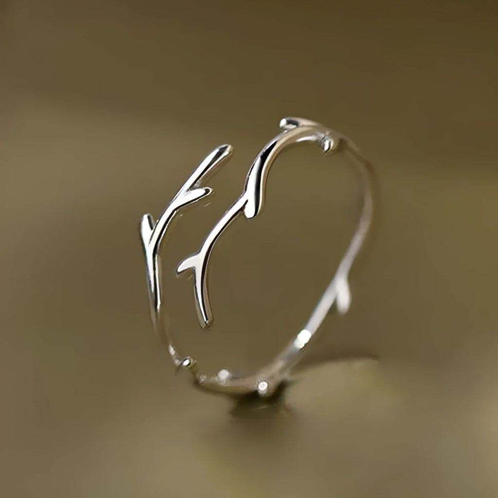 Minimalist Branches classic adjustable ring in white gold colour with leaf and geometry design on copper base