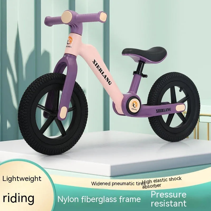 Foldable kids balance bike in grass green, light brown or pink purple, nylon glass fibre, 12 inch and 14 inch sizes
