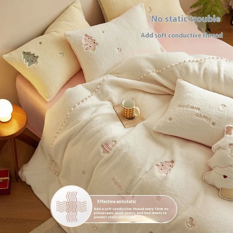 Green and pink Christmas tree printed milk fibre bedding set with quilt cover, sheet, and pillowcases.