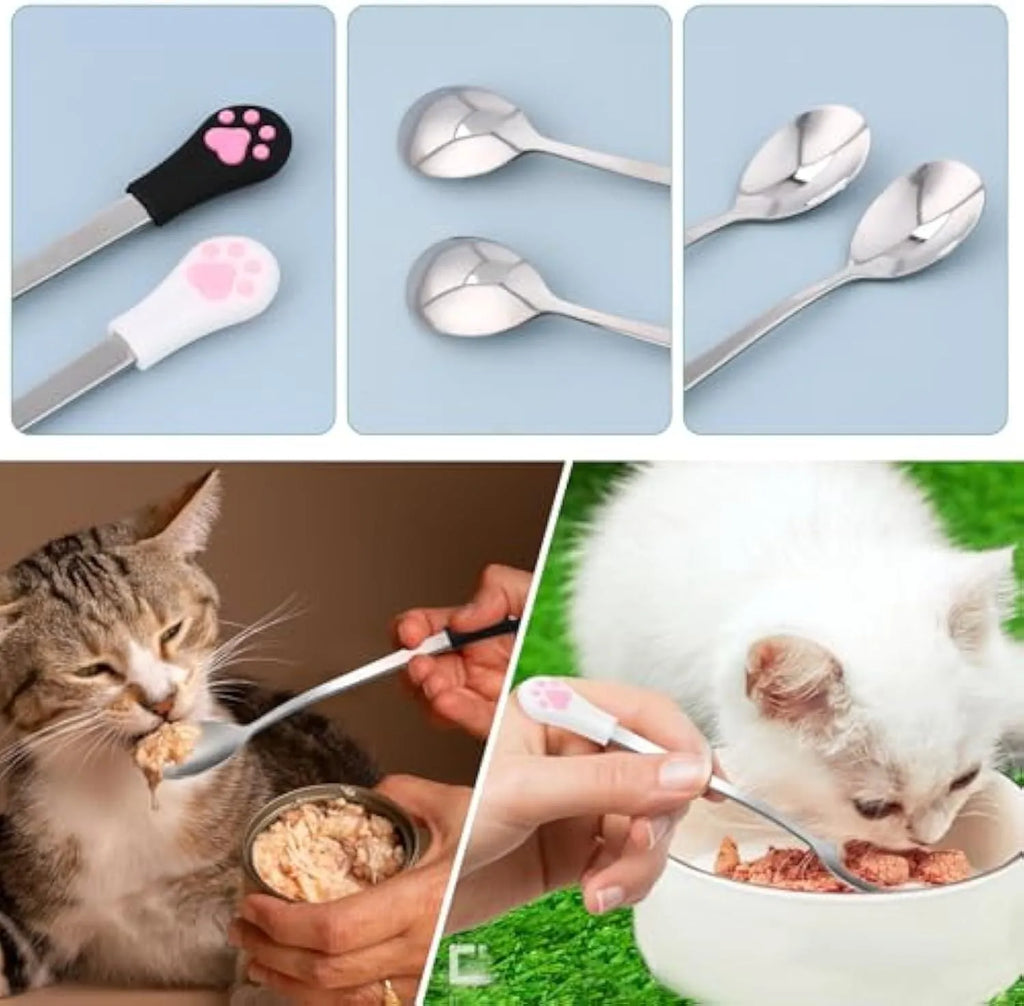White and black pet food spoons with cat paw prints and silicone grips