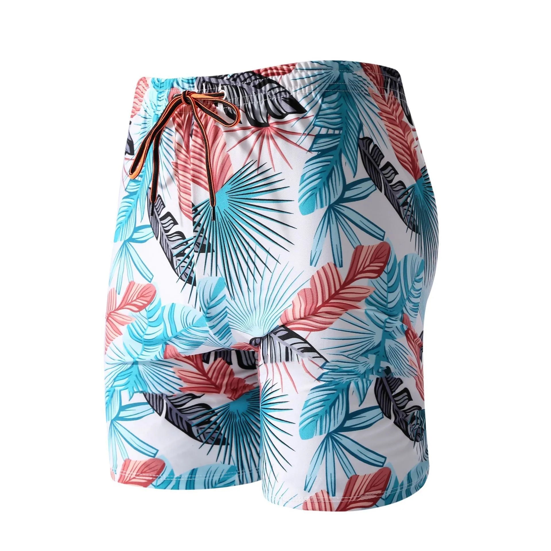 Men's blue leaf pattern cropped swimming trunks with polyester spandex fabric