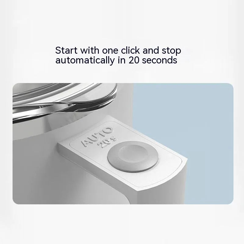 White automatic stirring coffee cup with rechargeable base on a table.