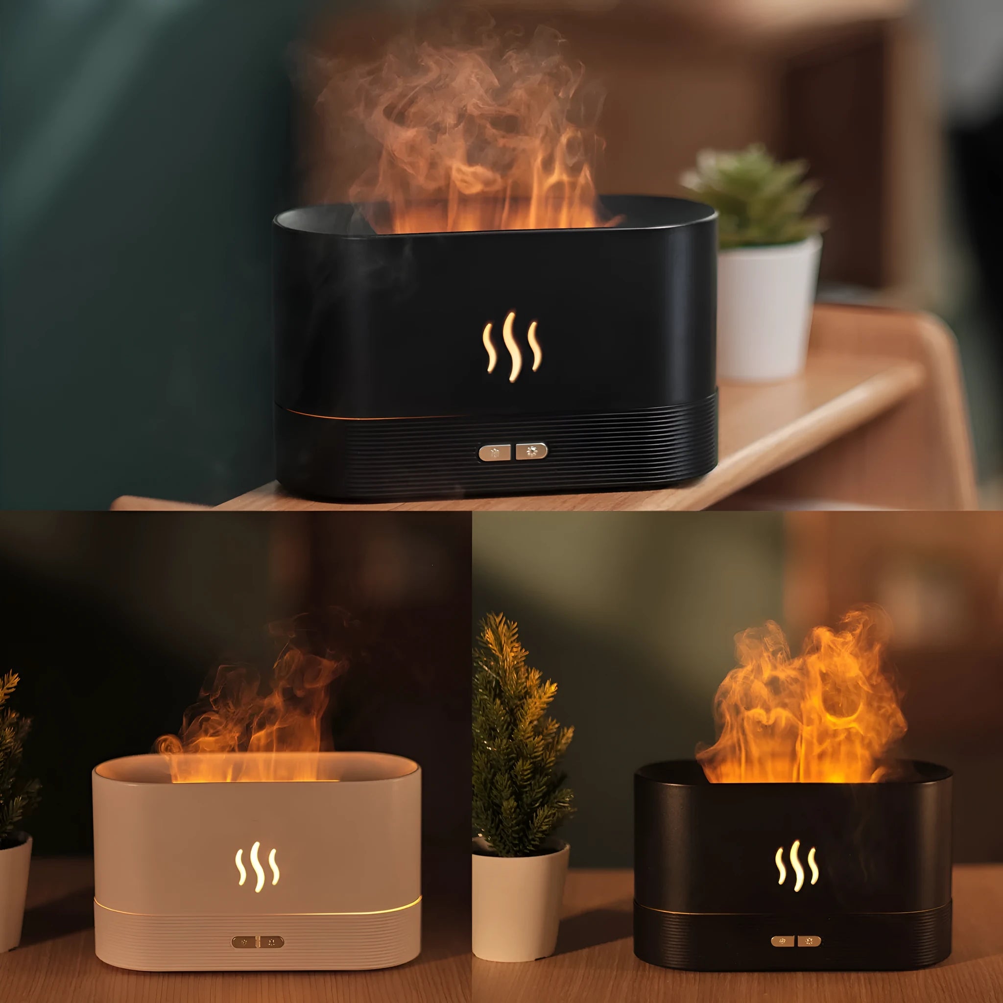 Square black ultrasonic aroma diffuser with LED flame effect and mist output