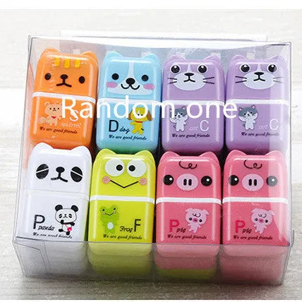 Set of 6 cute animal cartoon erasers in mixed colours, each 3x1.5x5cm, on a white background.