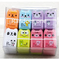 Set of 6 cute animal cartoon erasers in mixed colours, each 3x1.5x5cm, on a white background.