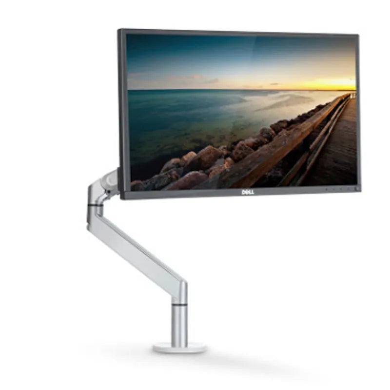 Aluminium alloy computer stand with adjustable arm bracket in silver colour supporting a laptop