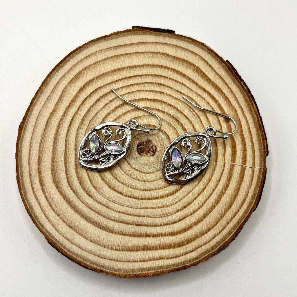 Silver women's earrings with leaf design and colourful embedded moonstones Europe America style