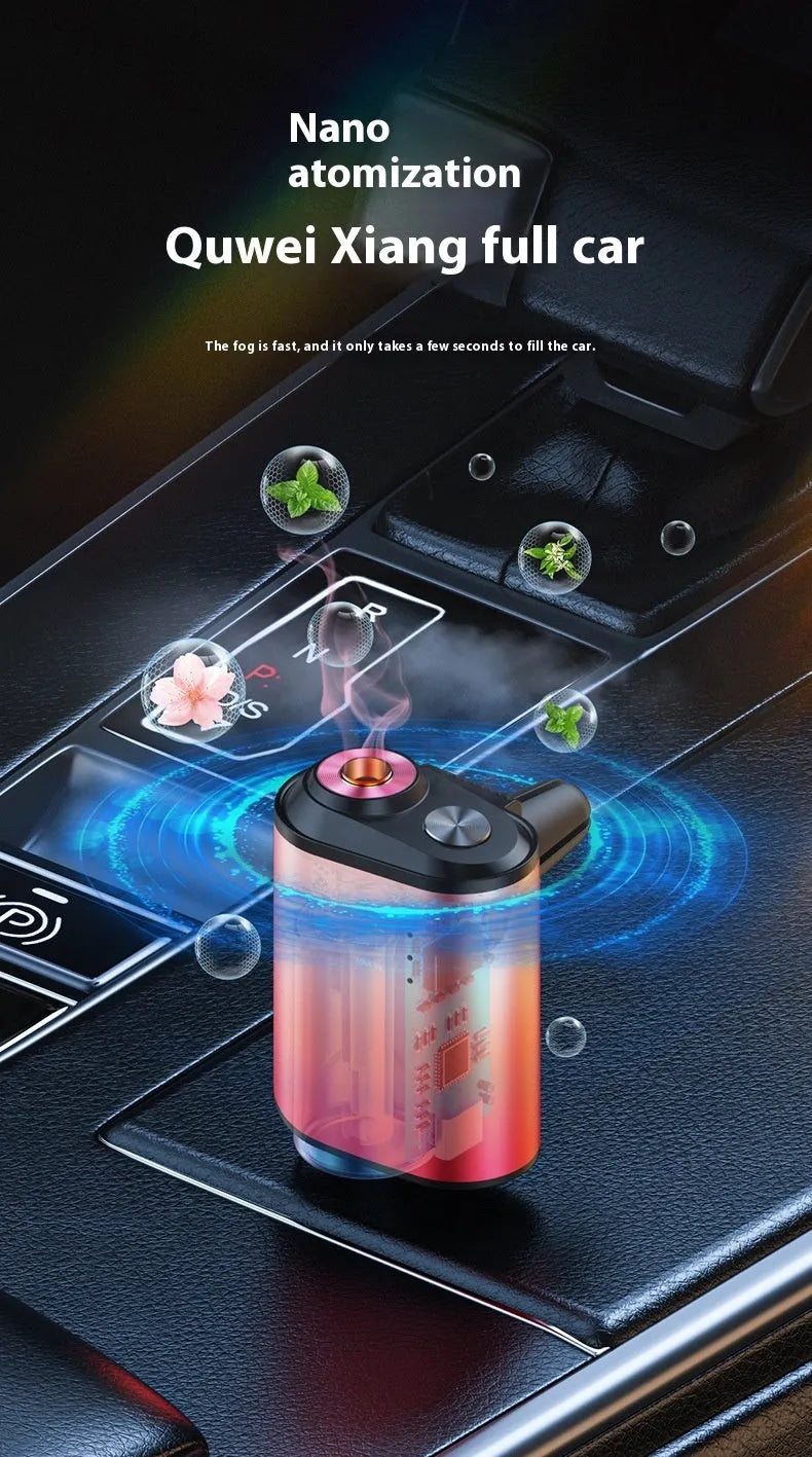 Black car aromatherapy smart fragrance diffuser with ocean scent bottle next to it