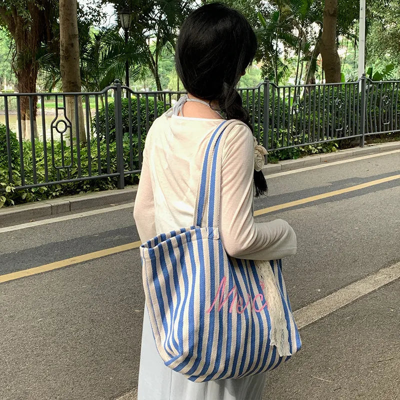 Blue striped letters printed cotton canvas bag with pink blue and white stripes