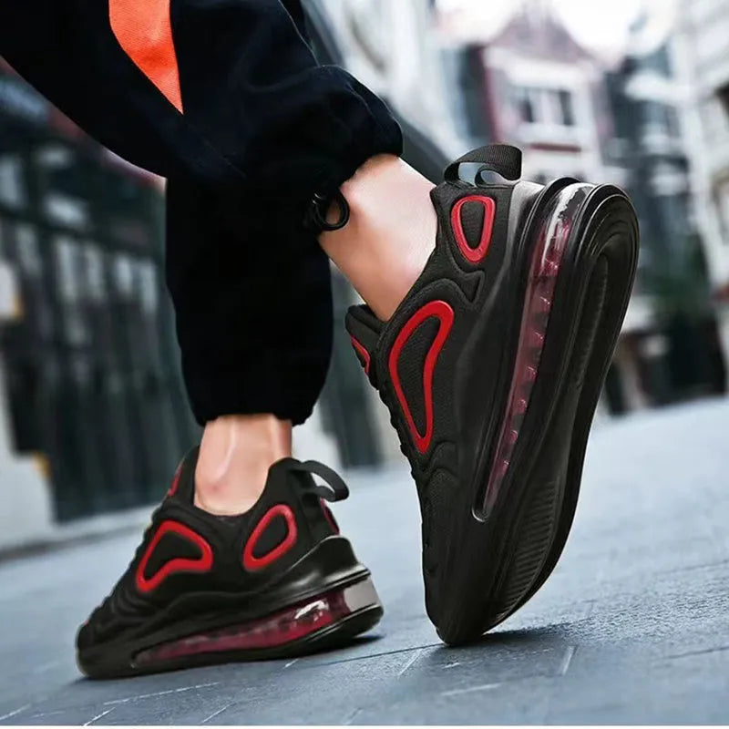 Men's black casual running shoes with a thick sole and lace-up front.