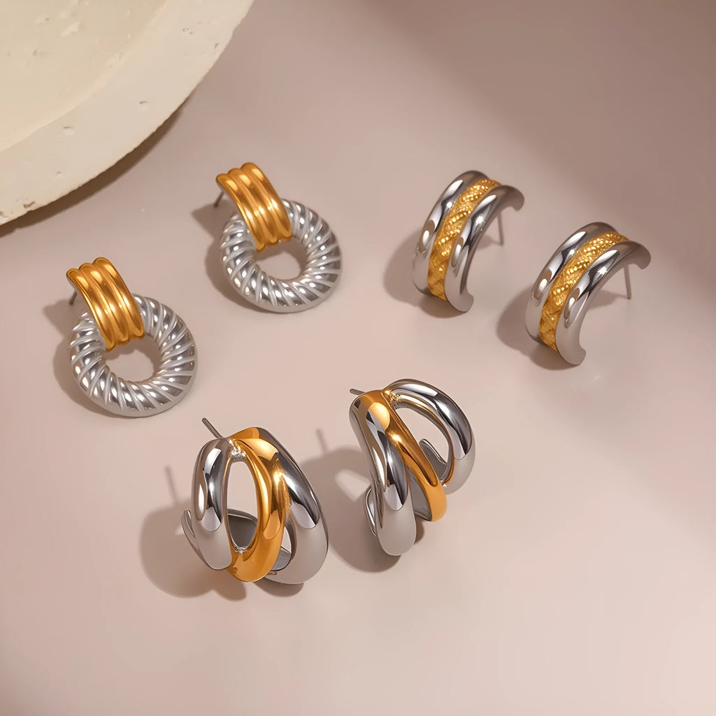 Stainless steel geometric earrings for women with 18K electroplated gold and silver colour matching round ring line design