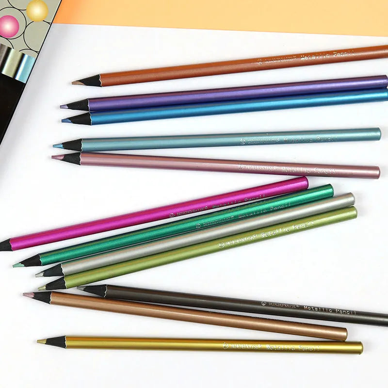 12-color metallic colored pencils in wooden shell with 2B lead core, assorted shades