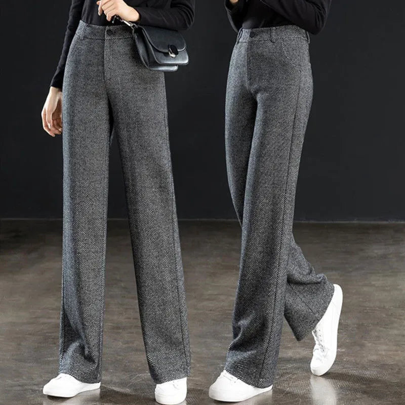 Women's solid colour wide leg high waist trousers in khaki grey black with distressed detail