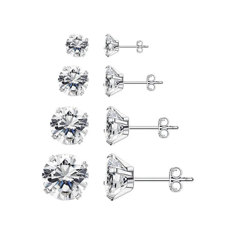 Simple geometric zircon stud earrings in stainless steel with gold or steel colour finish, showing size range from 2mm to 8mm.