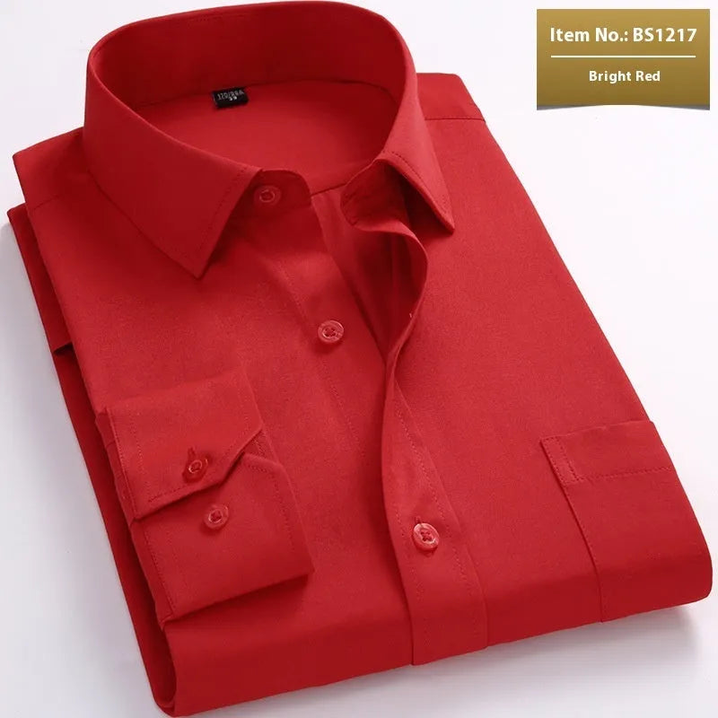 Men's white flax linen long sleeve business shirt showing Pink Diagonal and Red Plain colour options