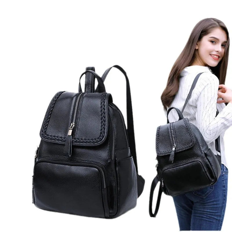 Genuine leather blue women's backpack showing front sandwich pocket and street trend design.
