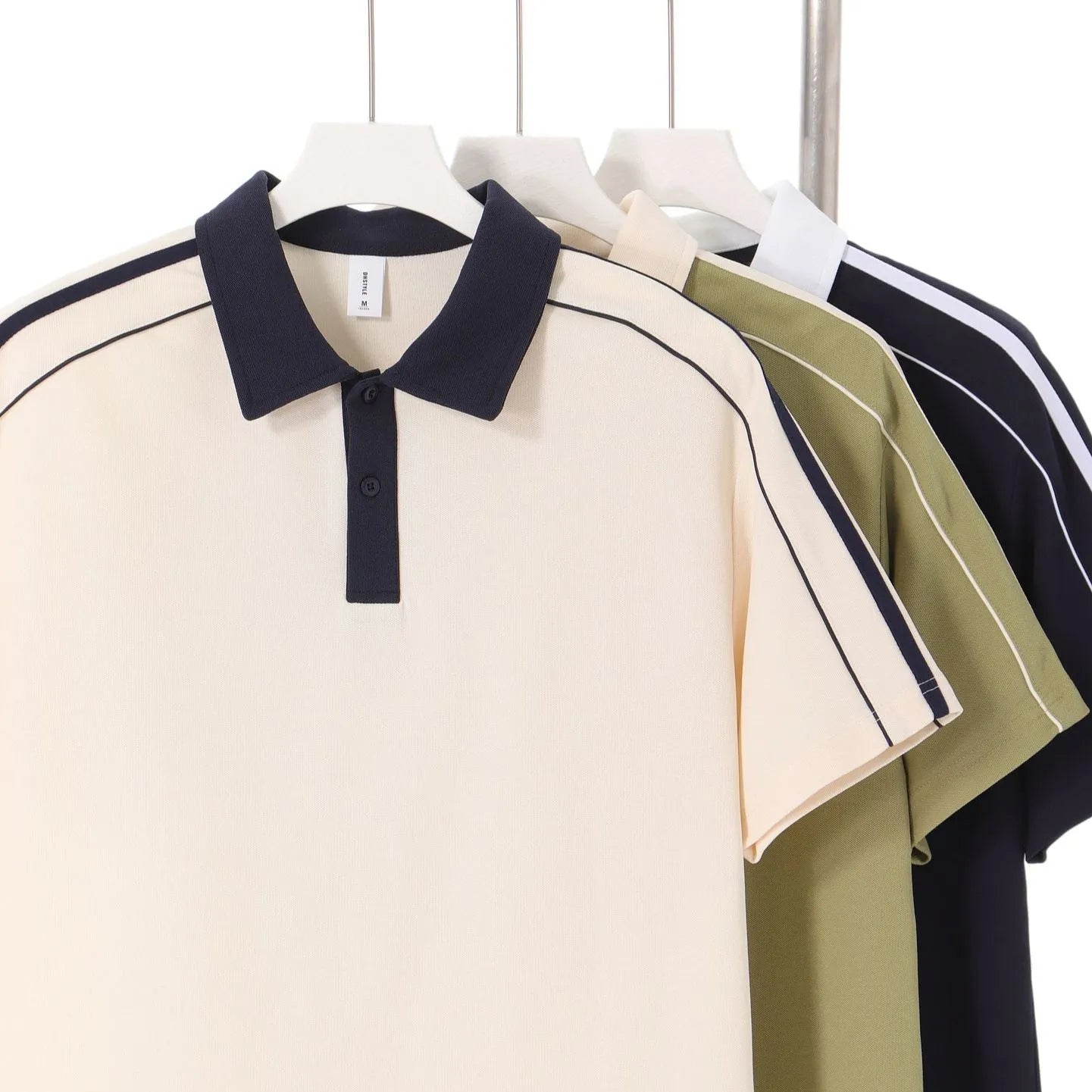 Casual lapel short sleeve polo shirt in cotton blend with drop shoulder loose fit