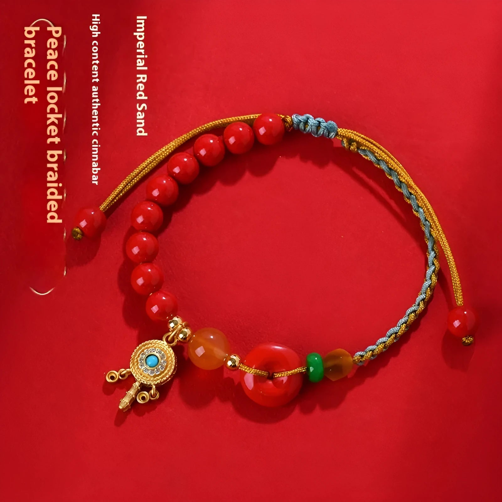Hand-woven cinnabar peace blessing bracelet with buckle closure in emperor red sand colour
