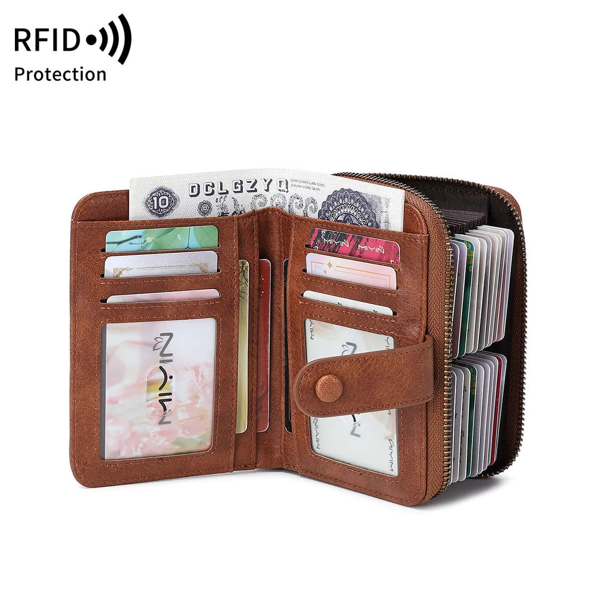 PU leather multifunctional zipper wallet with leopard print design showing hollow stitching and card compartments