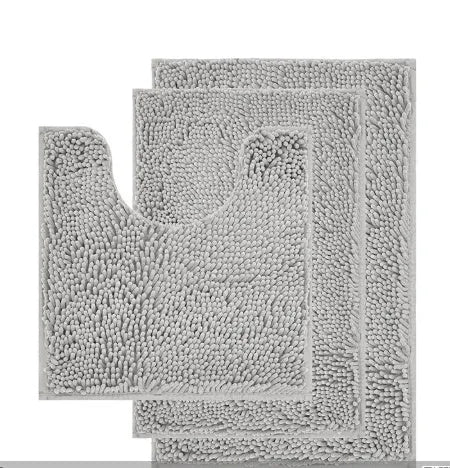 Long hair chenille three-piece bathroom carpet set showing U-shaped toilet mat and two rectangular mats in modern style.