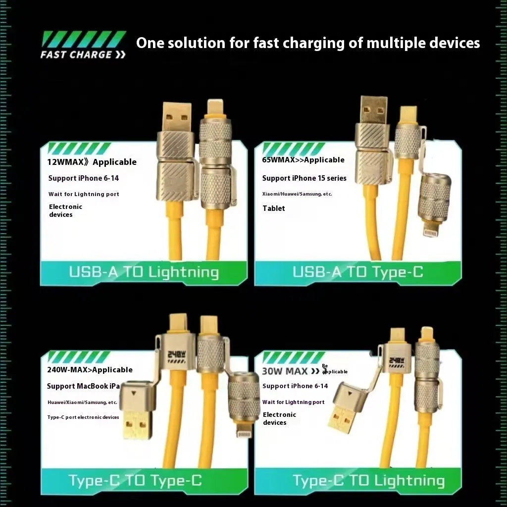 120W four-in-one data cable with zinc alloy connectors, TPE jacket, and multi-function switching interface in yellow