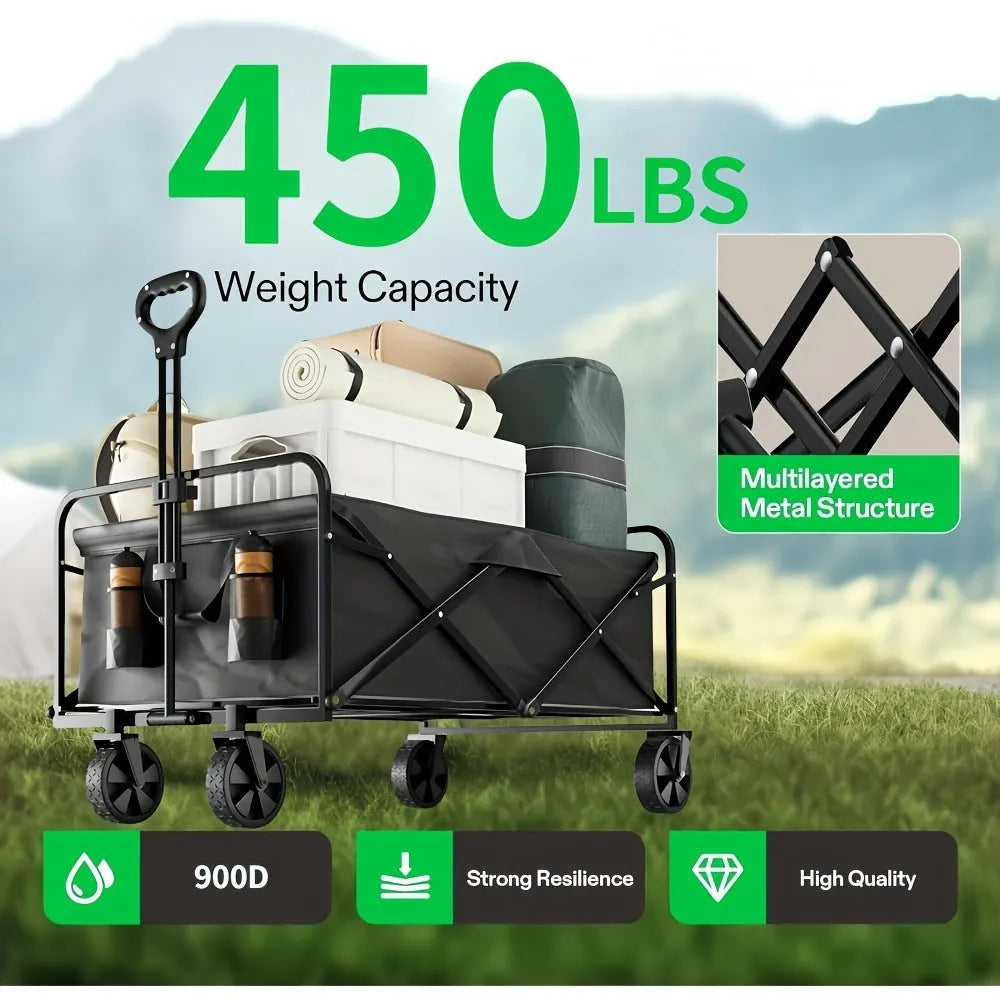 Collapsible foldable metal garden wagon cart with a 220lb load capacity shown in open and folded positions.