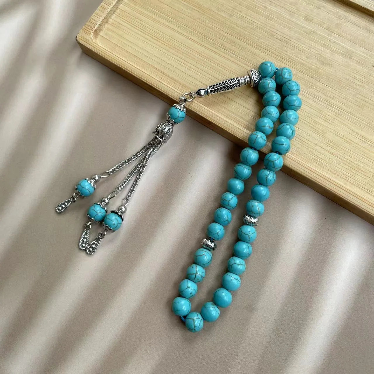 Handmade Muslim worship bracelet with 8mm sky blue stone beads for daily prayer and dhikr