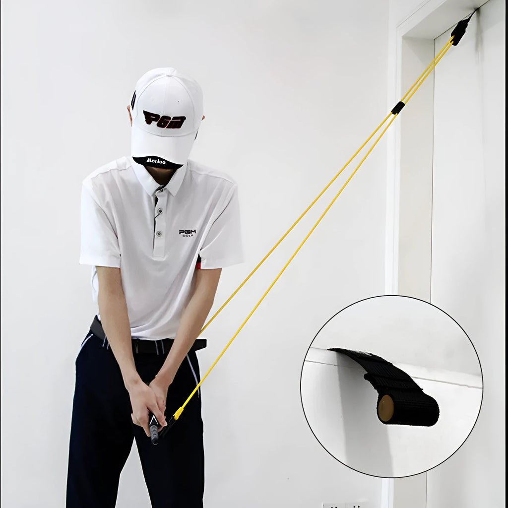 Yellow latex swing tensioner pull belt with safety door buckle and storage bag