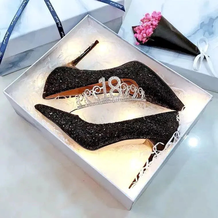 Silver and black women's wedding shoes with crystal stiletto heels in 7cm and 9cm heights.