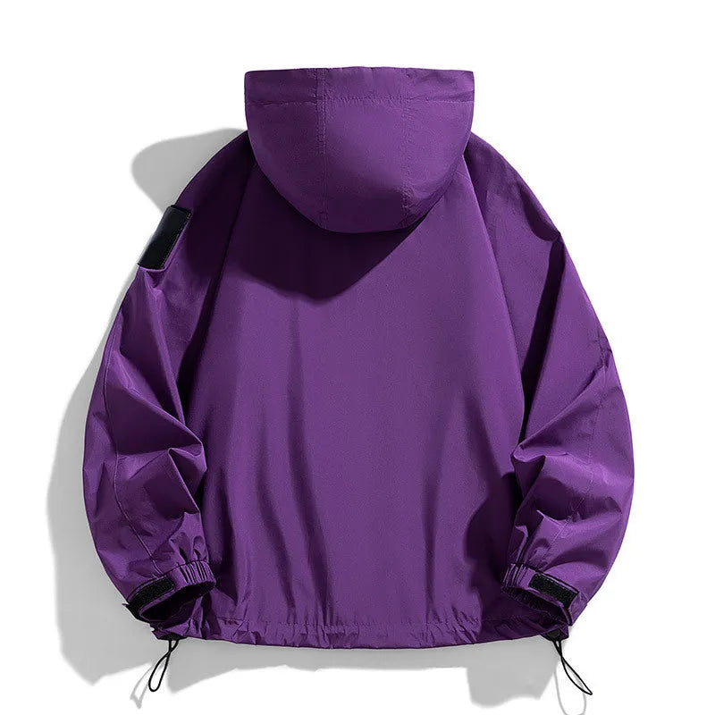 Men's black waterproof windproof hooded jacket with long sleeves on a hanger.