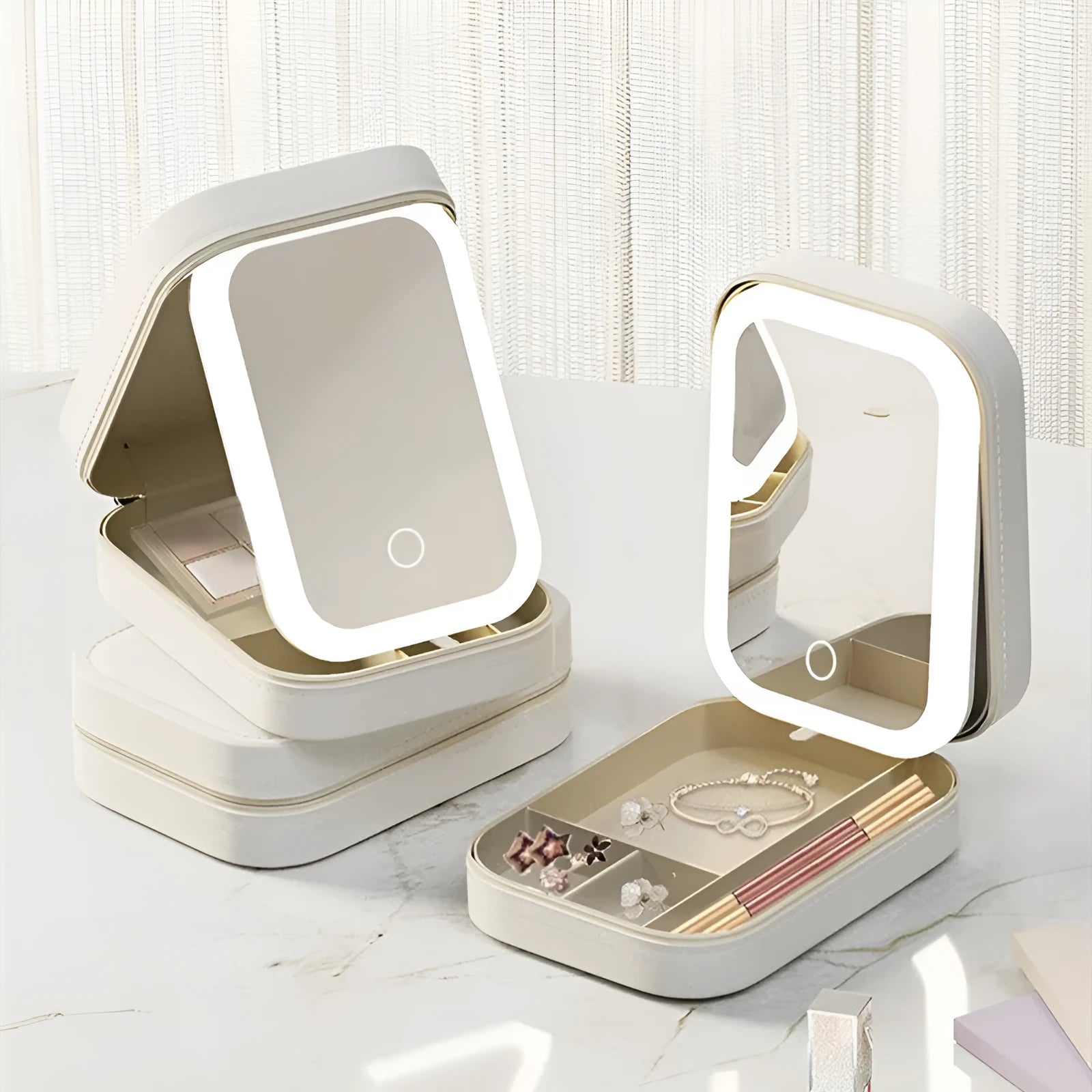 Makeup storage box with LED mirror in pink, white, or green with adjustable stand and storage compartment