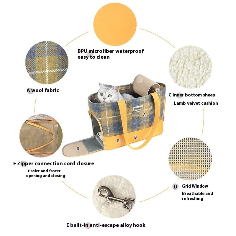 Capsule-shaped pet backpack with mesh windows in beige brown colour