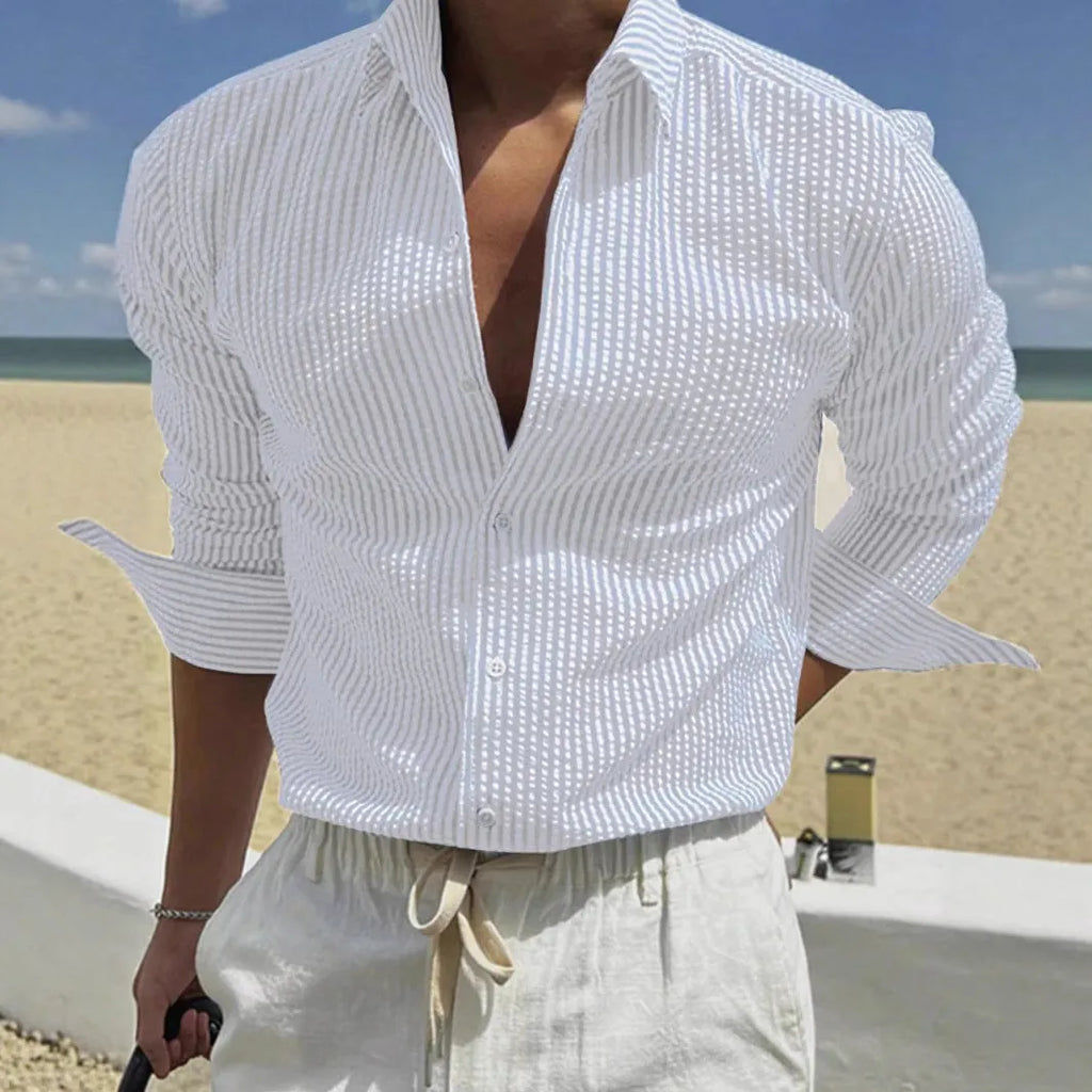 Men's striped cardigan lapel long sleeve shirt in polyester available in nine colour options
