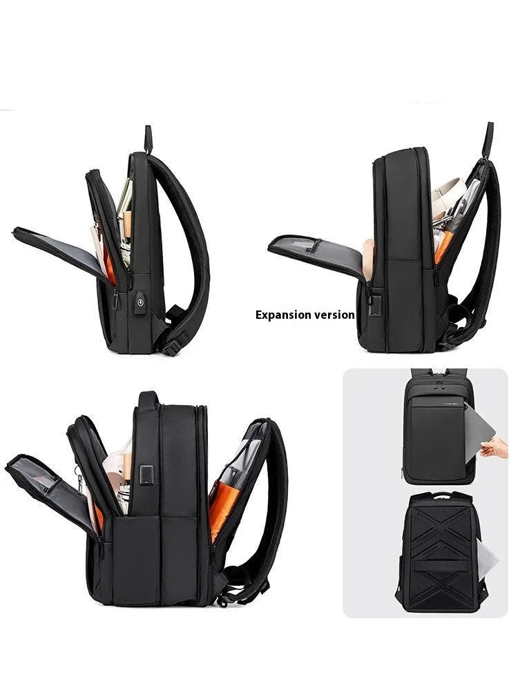 Large capacity Oxford cloth backpack for commuting and travel in black with 16-inch laptop compartment and air cushion strap