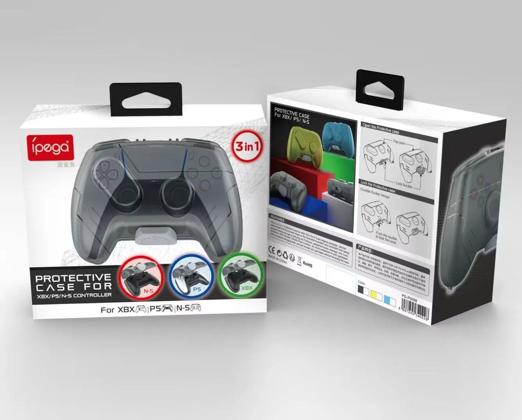 Transparent grey hard plastic game controller protective storage case.
