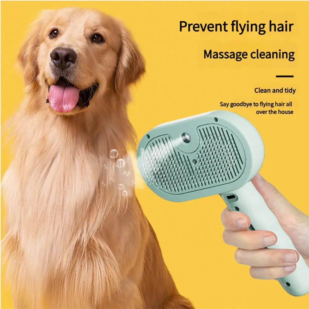 Chevaroo 3-in-1 self-cleaning pet steam brush with silicone bristles and nano mist, green colour, on white background