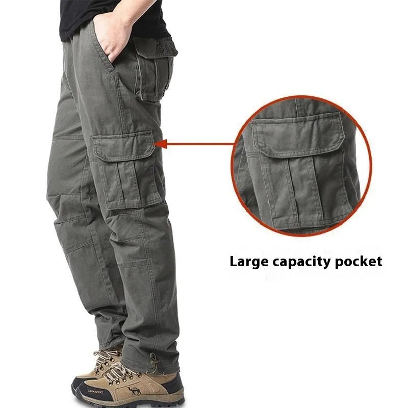 Men's multi-pocket 100% cotton cargo pants in khaki, front view, with zip fly and cargo pockets on legs