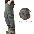 Men's multi-pocket 100% cotton cargo pants in khaki, front view, with zip fly and cargo pockets on legs
