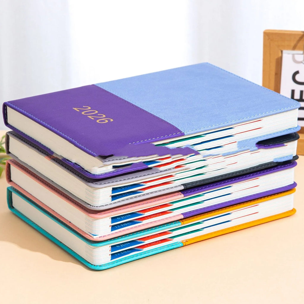 A5 imitation leather schedule book with waist seal and double stitching, one page per day notebook in four colours