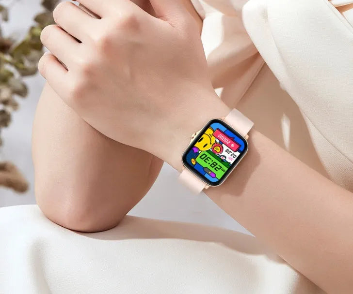 Blue smart watch with 1.7-inch colour touch screen on adjustable strap showing interface