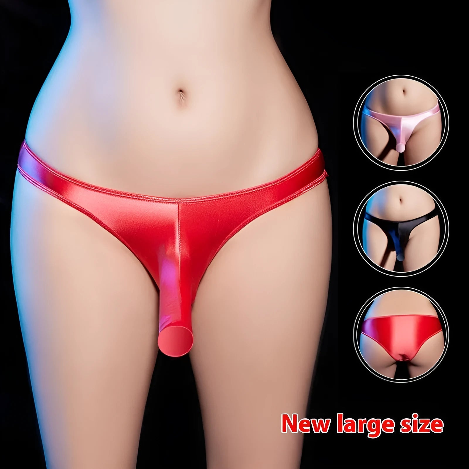 Men's low waist T-back underwear in shiny nylon fabric, shown in black, dark grey, pink, red, or white.