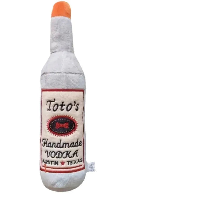Brown plush dog toy shaped like a wine bottle with a textured surface.