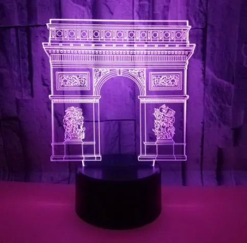 Triumphal Arch 3D night light with acrylic board, ABS base, USB cable, seven colours, and touch or remote control