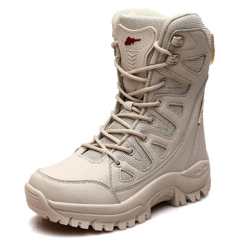 Cowhide leather hi-top hiking shoes for men and women in black, brown or beige
