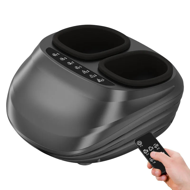 Black foot massager with push-button control, automatic kneading and heating for home use