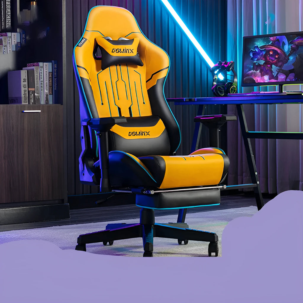 Dowinx LS-6010 black gaming chair with 4D adjustable armrests in reclined position
