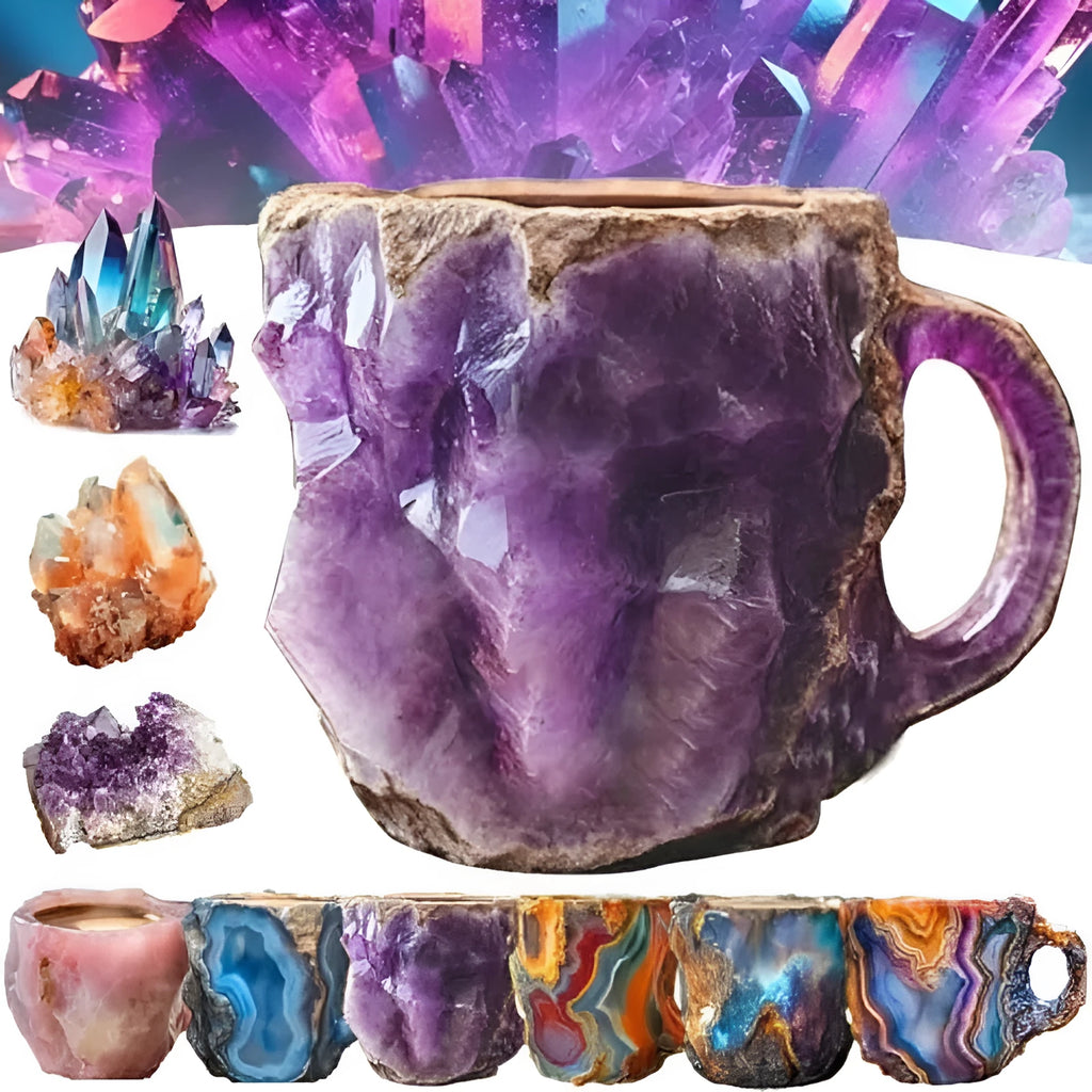 400ml resin mineral crystal coffee mug with handle, 10cm high, purple colour, on a table