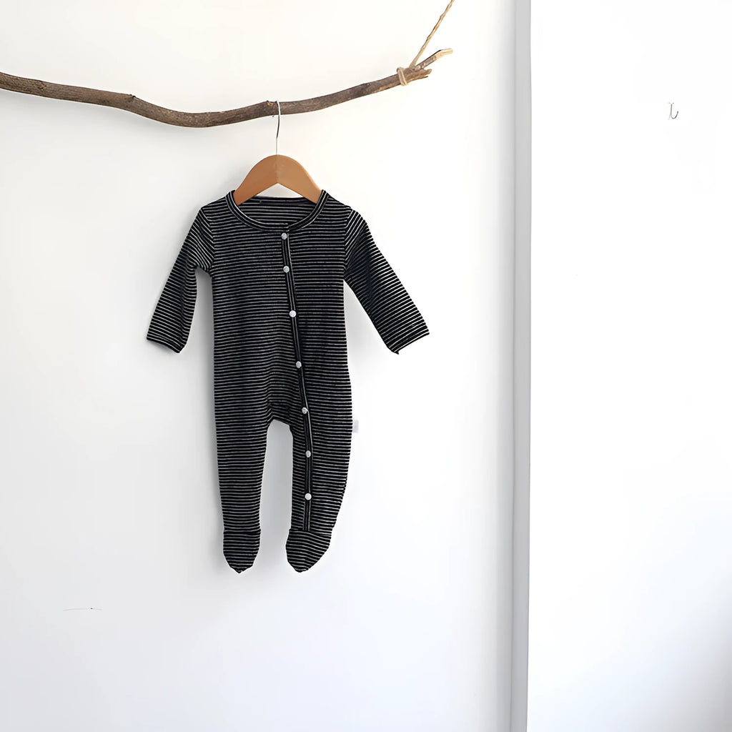 Single-breasted striped socks climbing suit for baby, cotton, beige colour, sizes 66-90cm, real shot on model